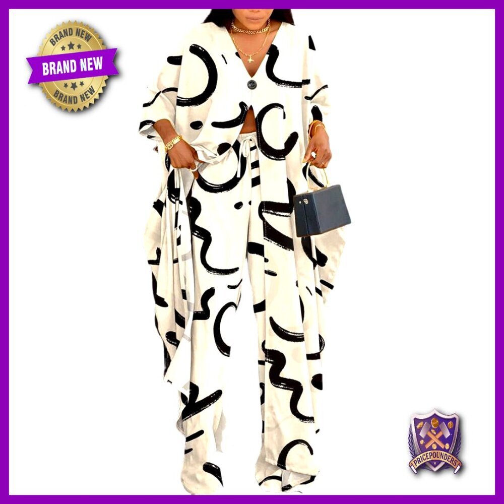 Abstract Print Batwing Sleeve Top with Wide Leg Pants Lounge Set